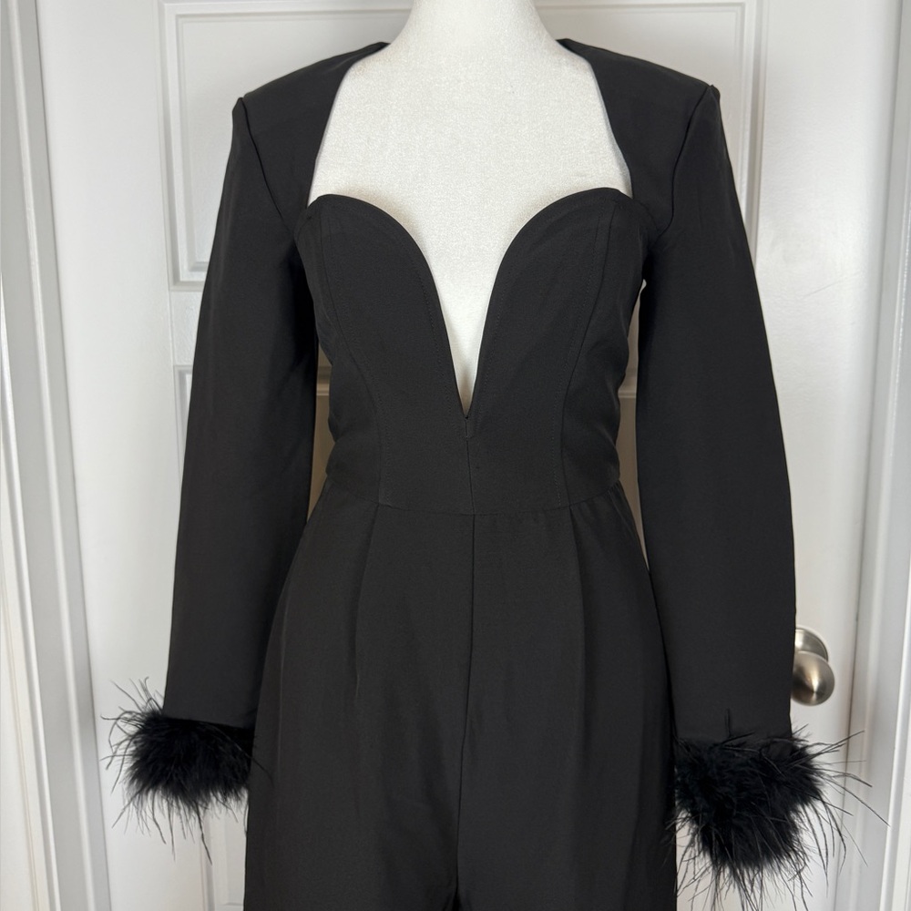 Club L London Portia black sweetheart plunge wide leg feather cuff jumpsuit US 4 - Picture 3 of 11